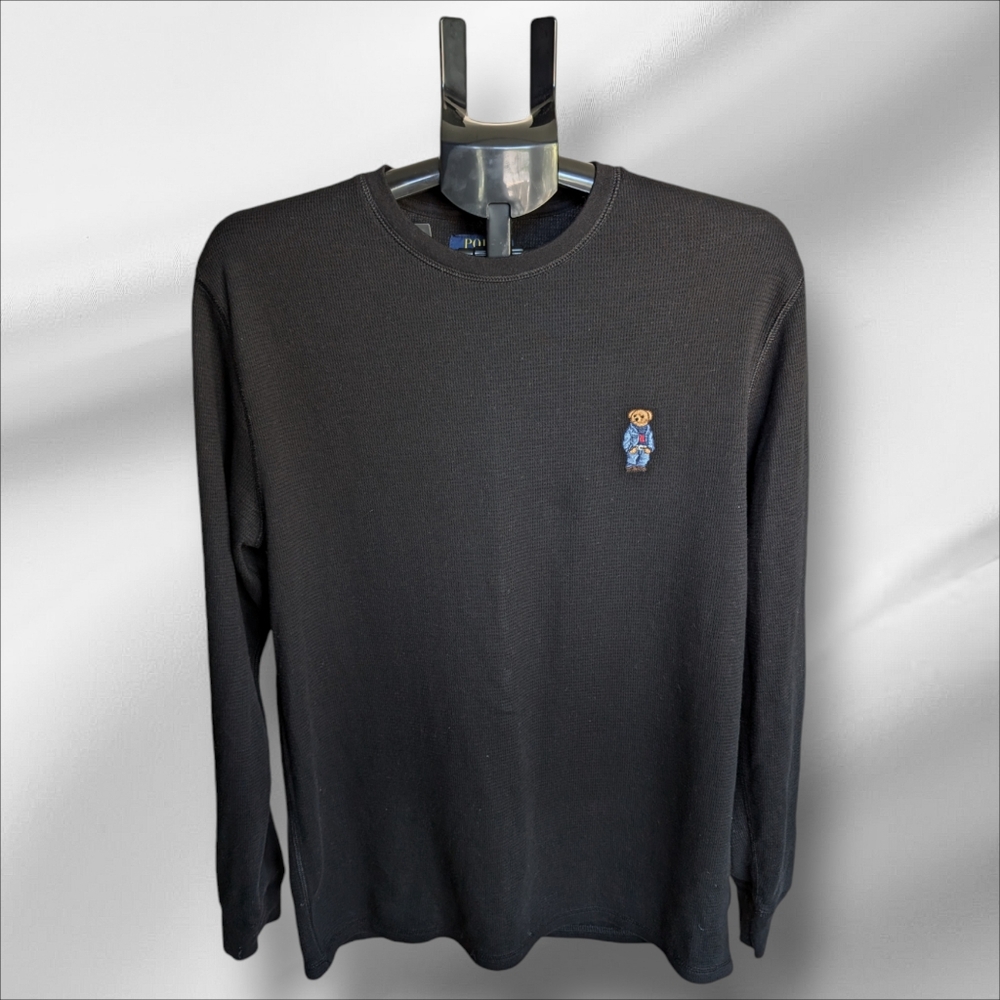 Polo Ralph Lauren Long Sleeve Waffle Crew Neck Shirt With Polo Bear Black L
